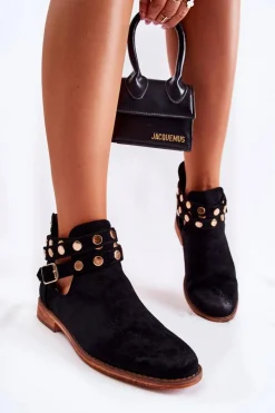 Outlet Damskie Botki Z Dżetami Na Płaskim Obcasie Czarne Larino Damskie Botki Wiosenne|Czarne Botki