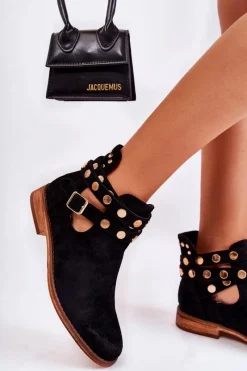 Outlet Damskie Botki Z Dżetami Na Płaskim Obcasie Czarne Larino Damskie Botki Wiosenne|Czarne Botki