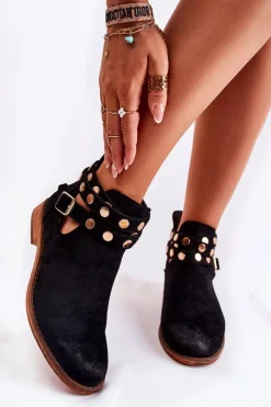 Outlet Damskie Botki Z Dżetami Na Płaskim Obcasie Czarne Larino Damskie Botki Wiosenne|Czarne Botki