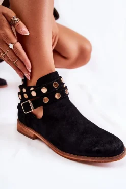 Outlet Damskie Botki Z Dżetami Na Płaskim Obcasie Czarne Larino Damskie Botki Wiosenne|Czarne Botki