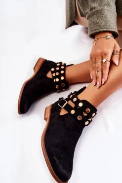 Outlet Damskie Botki Z Dżetami Na Płaskim Obcasie Czarne Larino Damskie Botki Wiosenne|Czarne Botki