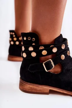 Outlet Damskie Botki Z Dżetami Na Płaskim Obcasie Czarne Larino Damskie Botki Wiosenne|Czarne Botki