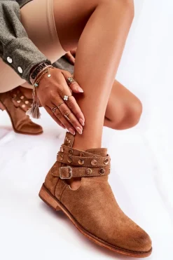 Botki Wiosenne|Brązowe I Beżowe Botki>Boto Damskie Botki Z Dżetami Na Płaskim Obcasie Brązowe Larino