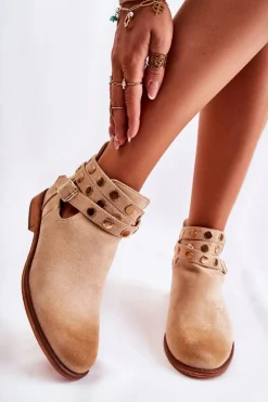 Online Boto Damskie Botki Z Dżetami Na Płaskim Obcasie Beżowe Larino