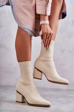 Outlet Damskie Botki Z Elastyczną Skarpetą Beżowe Carmon Damskie Botki Wiosenne|Botki Na Słupku