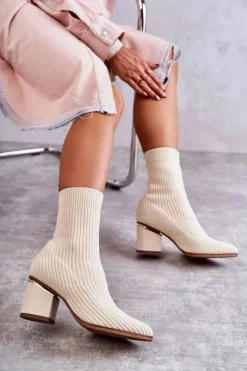Outlet Damskie Botki Z Elastyczną Skarpetą Beżowe Carmon Damskie Botki Wiosenne|Botki Na Słupku