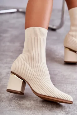 Outlet Damskie Botki Z Elastyczną Skarpetą Beżowe Carmon Damskie Botki Wiosenne|Botki Na Słupku