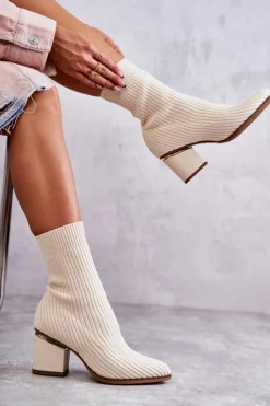 Outlet Damskie Botki Z Elastyczną Skarpetą Beżowe Carmon Damskie Botki Wiosenne|Botki Na Słupku