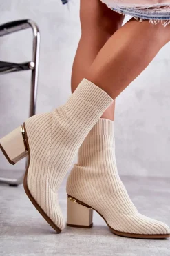 Outlet Damskie Botki Z Elastyczną Skarpetą Beżowe Carmon Damskie Botki Wiosenne|Botki Na Słupku