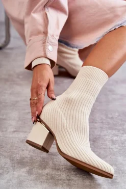 Outlet Damskie Botki Z Elastyczną Skarpetą Beżowe Carmon Damskie Botki Wiosenne|Botki Na Słupku