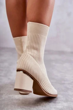 Outlet Damskie Botki Z Elastyczną Skarpetą Beżowe Carmon Damskie Botki Wiosenne|Botki Na Słupku