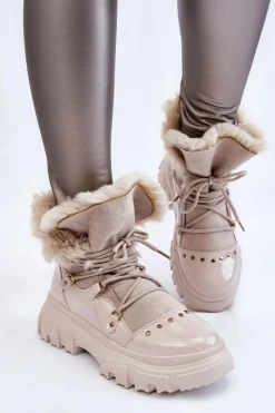 Best Boto Damskie Botki Z Futerkiem Sznurowane Jasnobeżowe Merron