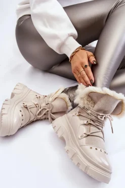 Best Boto Damskie Botki Z Futerkiem Sznurowane Jasnobeżowe Merron