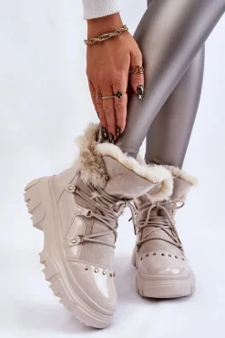 Best Boto Damskie Botki Z Futerkiem Sznurowane Jasnobeżowe Merron