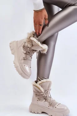 Best Boto Damskie Botki Z Futerkiem Sznurowane Jasnobeżowe Merron