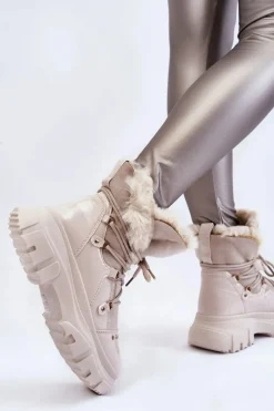 Best Boto Damskie Botki Z Futerkiem Sznurowane Jasnobeżowe Merron