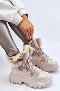Best Boto Damskie Botki Z Futerkiem Sznurowane Jasnobeżowe Merron