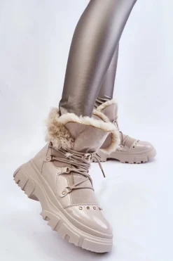 Best Boto Damskie Botki Z Futerkiem Sznurowane Jasnobeżowe Merron