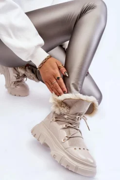 Best Boto Damskie Botki Z Futerkiem Sznurowane Jasnobeżowe Merron