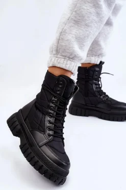 Discount Boto Damskie Botki Z Ociepleniem Sznurowane Czarne Ariadna