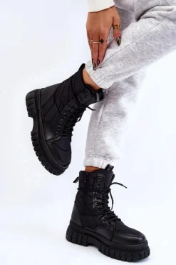 Discount Boto Damskie Botki Z Ociepleniem Sznurowane Czarne Ariadna