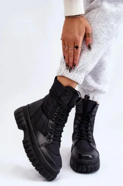 Discount Boto Damskie Botki Z Ociepleniem Sznurowane Czarne Ariadna