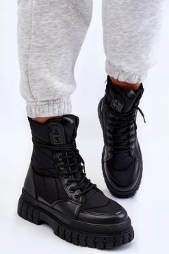 Discount Boto Damskie Botki Z Ociepleniem Sznurowane Czarne Ariadna