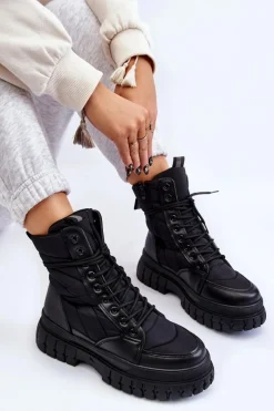 Discount Boto Damskie Botki Z Ociepleniem Sznurowane Czarne Ariadna