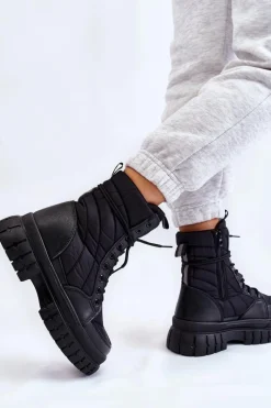 Discount Boto Damskie Botki Z Ociepleniem Sznurowane Czarne Ariadna