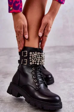 Botki Sznurowane|Czarne Botki>Boto Damskie Botki Z Ozdobami Wiązane Czarne Leonese