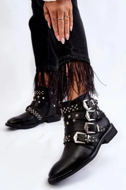 Boto Damskie Botki Z Paskami I Ćwiekami Czarne Ramso