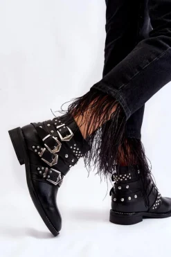 Boto Damskie Botki Z Paskami I Ćwiekami Czarne Ramso