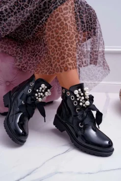Botki Sznurowane|Czarne Botki>Boto Damskie Botki Z Perełkami Ocieplane Wstążka Sia