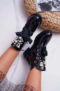 Botki Sznurowane|Czarne Botki>Boto Damskie Botki Z Perełkami Ocieplane Wstążka Sia