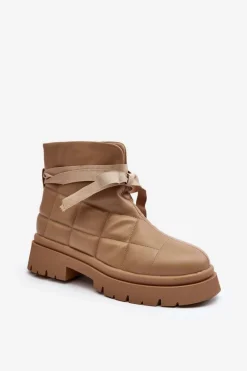 Damskie Botki Z Pikowaniem I Wiązaniem Khaki Bizzanti Damskie Botki Ocieplane|Brązowe I Beżowe Botki