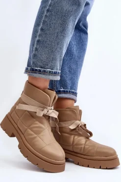 Damskie Botki Z Pikowaniem I Wiązaniem Khaki Bizzanti Damskie Botki Ocieplane|Brązowe I Beżowe Botki