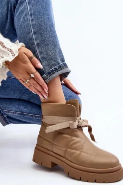 Damskie Botki Z Pikowaniem I Wiązaniem Khaki Bizzanti Damskie Botki Ocieplane|Brązowe I Beżowe Botki