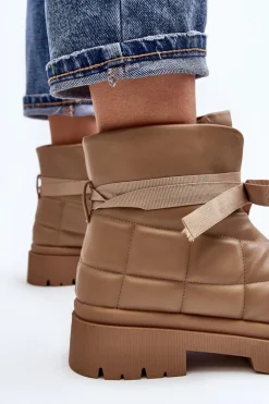 Damskie Botki Z Pikowaniem I Wiązaniem Khaki Bizzanti Damskie Botki Ocieplane|Brązowe I Beżowe Botki