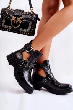 New Damskie Botki Z Wycięciami Wężowe Czarne Santhana Damskie Czarne Botki|Botki Płaskie