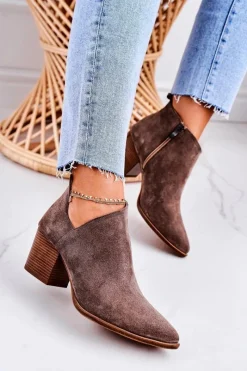 Botki Wiosenne|Botki Na Słupku>Boto Damskie Botki Z Wycięciem Na Słupku Zamszowe Brązowe Lawrence