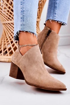 Damskie Botki Z Wycięciem Na Słupku Zamszowe Beżowe Lawrence Damskie Botki Wiosenne|Botki Na Słupku