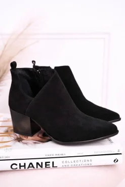 Discount Damskie Botki Z Wycięciem Na Słupku Zamszowe Czarne Lawrence Damskie Botki Wiosenne|Botki Na Słupku