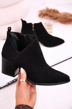 Discount Damskie Botki Z Wycięciem Na Słupku Zamszowe Czarne Lawrence Damskie Botki Wiosenne|Botki Na Słupku