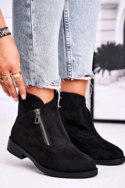 Online Damskie Botki Z Zamkiem Zamszowe Czarne Juno Damskie Botki Zamszowe|Botki Płaskie