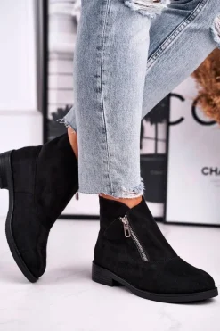 Online Damskie Botki Z Zamkiem Zamszowe Czarne Juno Damskie Botki Zamszowe|Botki Płaskie