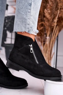 Online Damskie Botki Z Zamkiem Zamszowe Czarne Juno Damskie Botki Zamszowe|Botki Płaskie