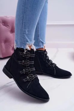 Damskie Botki Zamszowe Nity Klamry Czarne Berugio Damskie Botki Zamszowe|Botki Płaskie