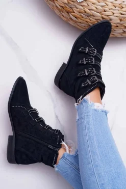 Damskie Botki Zamszowe Nity Klamry Czarne Berugio Damskie Botki Zamszowe|Botki Płaskie