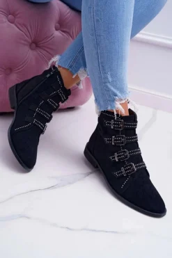 Damskie Botki Zamszowe Nity Klamry Czarne Berugio Damskie Botki Zamszowe|Botki Płaskie