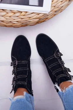 Damskie Botki Zamszowe Nity Klamry Czarne Berugio Damskie Botki Zamszowe|Botki Płaskie